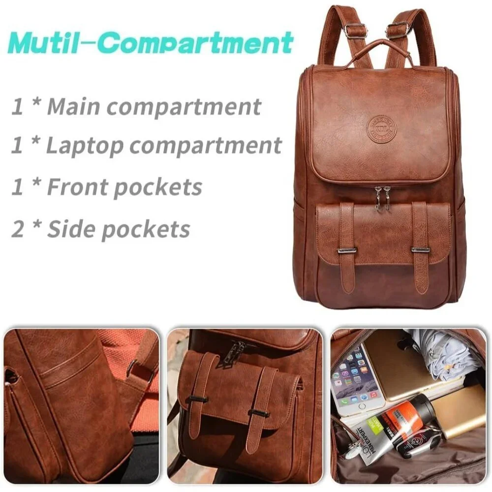 ✨Brown Faux Leather Backpack Slim Laptop Travel Pack Waterproof Daypack Bag
